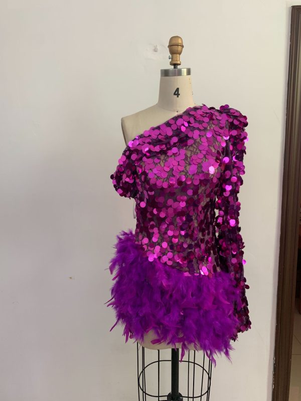 Purple Sequined Feather Skirt One-shoulder Sleeve Short Dress Luxury Party Stage Performance Dress - Image 10