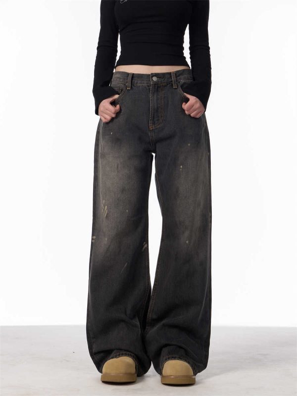 Retro Washed Splash-ink Straight Jeans For Women Loose Straight Trousers - Image 7