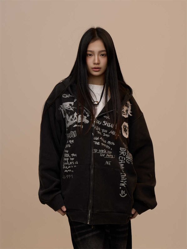 Sweater Women's Letter Printed Black Hooded Zipper Coat - Image 4