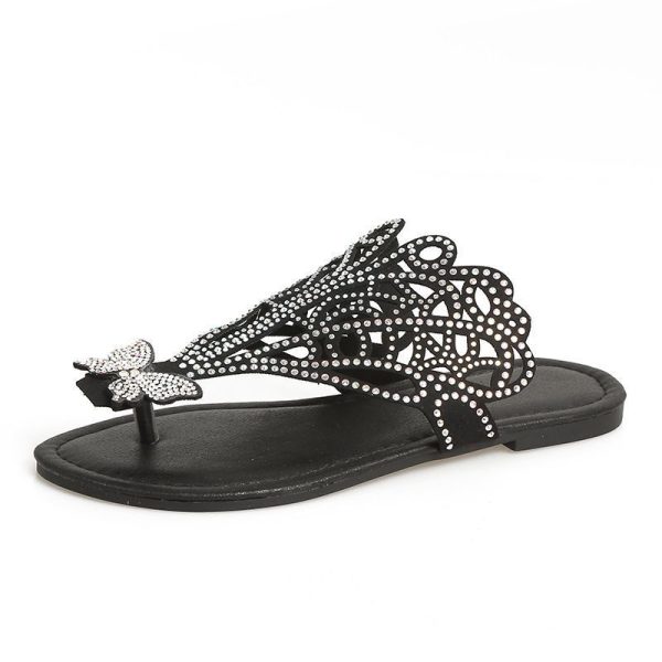 Slip-on Flip-toe Sandals Women's Rhinestone Hollow Flat-heeled Slippers - Image 6