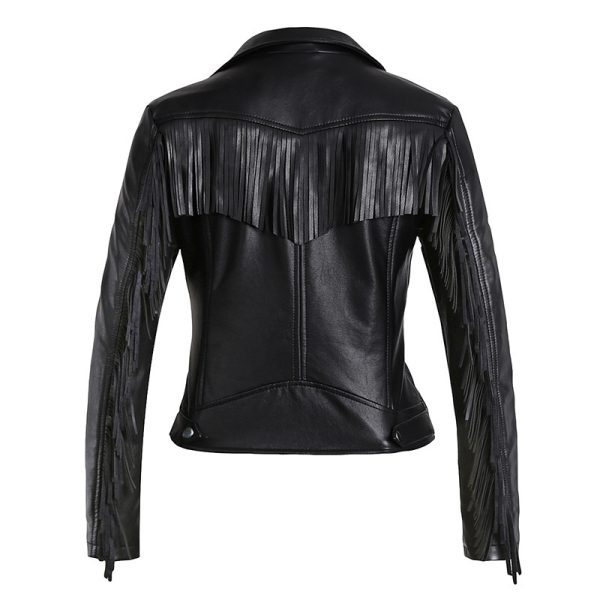 European And American Tassel Oblique Zipper Leather Women's Slim Coat Motorcycle Street - Image 2