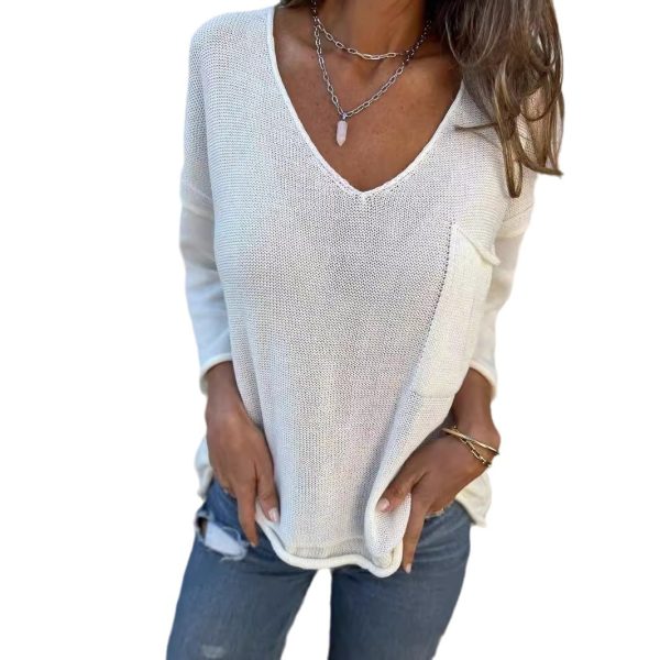 V-neck Long Sleeve Pocket Casual Knitted Sweater Top - Image 5