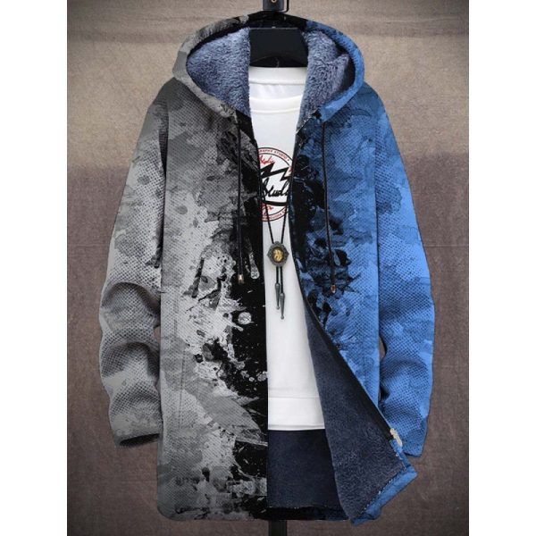 Men's Coat Winter Print Plush Lining Thick Windproof Jacket Long Sleeve Zipper - Image 3