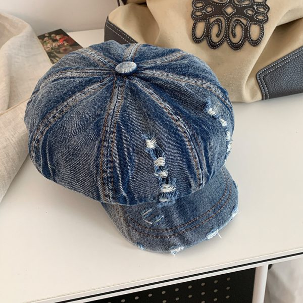 Retro Make Old Ripped Denim Beret Women - Image 9