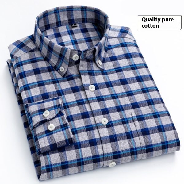 Cotton Brushed Plaid Long-sleeved Shirt Business Casual Cotton Men's Shirt Autumn And Winter - Image 3