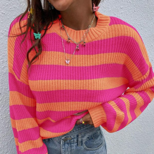 Autumn And Winter New Contrast Color Loose Shoulder Striped Pullover Sweater - Image 6