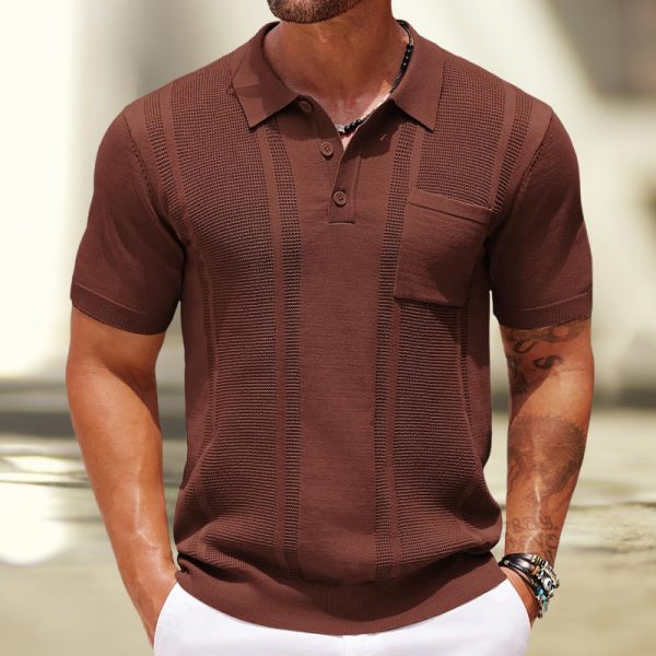 Men's Polo Shirt Summer Solid Color Short Sleeve Sunken Stripe Commuter Style Pullover Sweater - Image 7