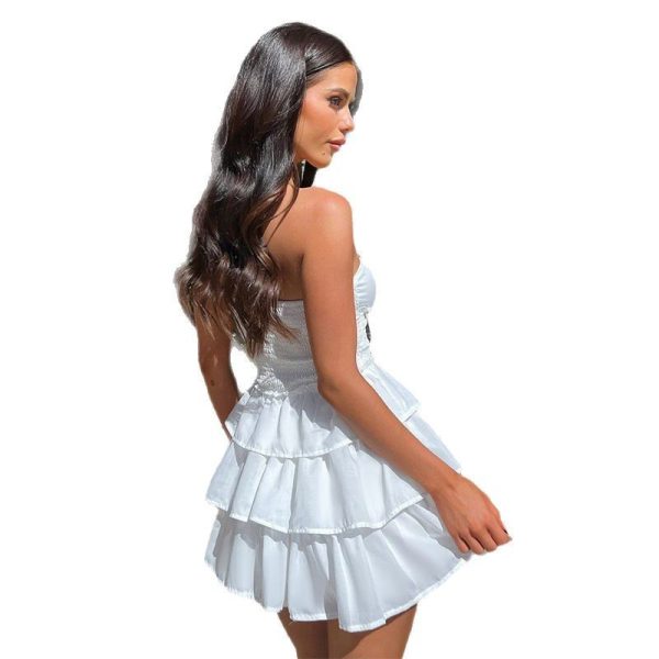 Tube Top Hollow-out Cinched White Cake Dress Female Dress - Image 5