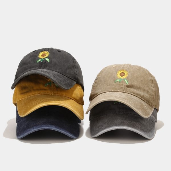 Washed-out Vintage SUNFLOWER Embroidered Peaked Cap Outdoor Travel - Image 2