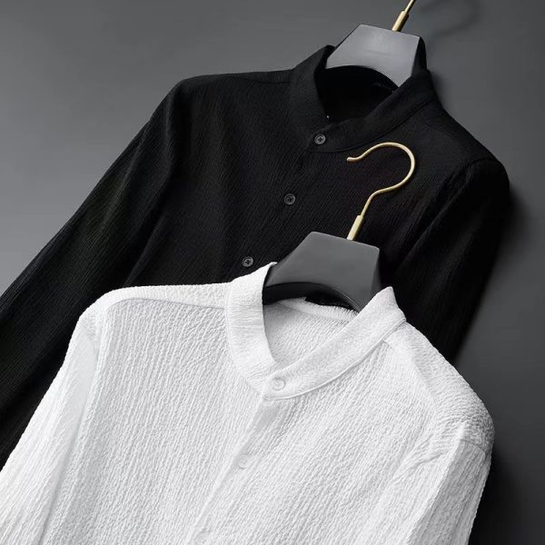 Casual Light Thin Suit Men's Summer Seersucker Striped Pleated Stand Collar Men's Shirt - Image 3