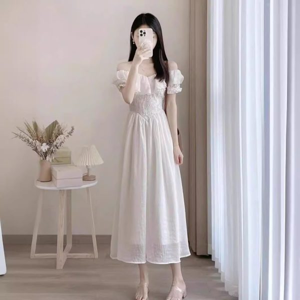 Summer French Style High-grade Off-shoulder White Dress Women - Image 2