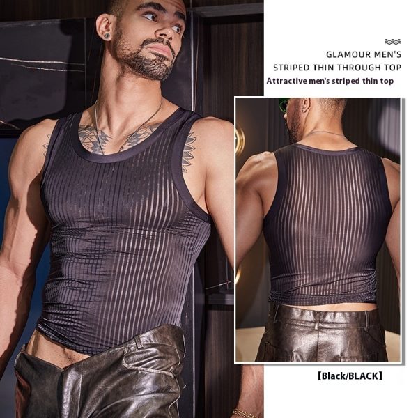 New Men's Cross-strap Vest Striped Thin Transparent High Elastic Skin-friendly Top - Image 6