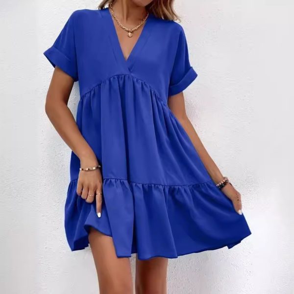 Sweet V-neck Solid Color Wide Hem Leisure Skirt Dress - Image 4