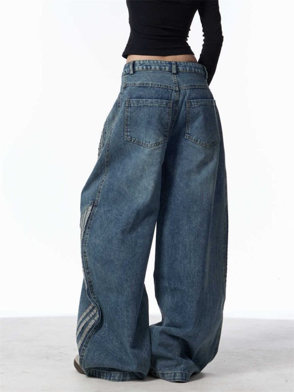 Retro Washed Jeans Women's Striped Stitching Wide-leg Pants - Image 6