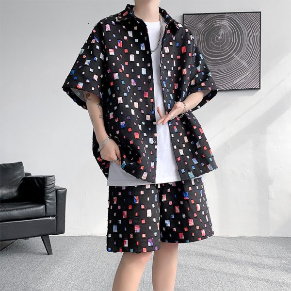 Summer New Chessboard Plaid Shirt Short Sleeve Shorts Suit - Image 3