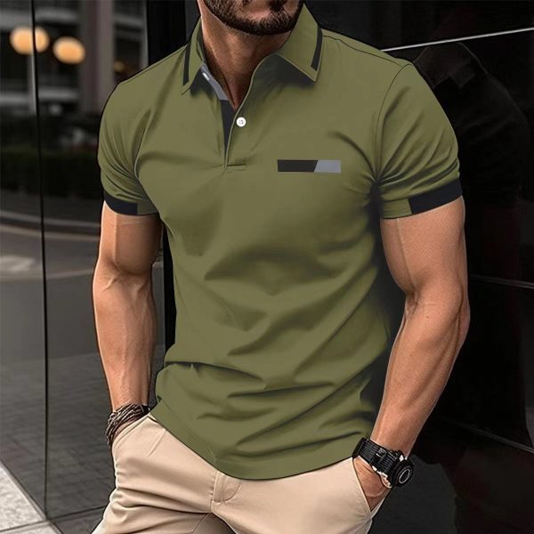 Men's Casual Polo Shirt Chest Faux Pocket Lapel Button Business T-shirt - Image 9