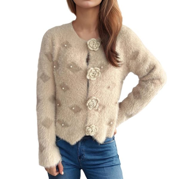 Beads Rhinestones Three-dimensional Flower Button Sweater - Image 5