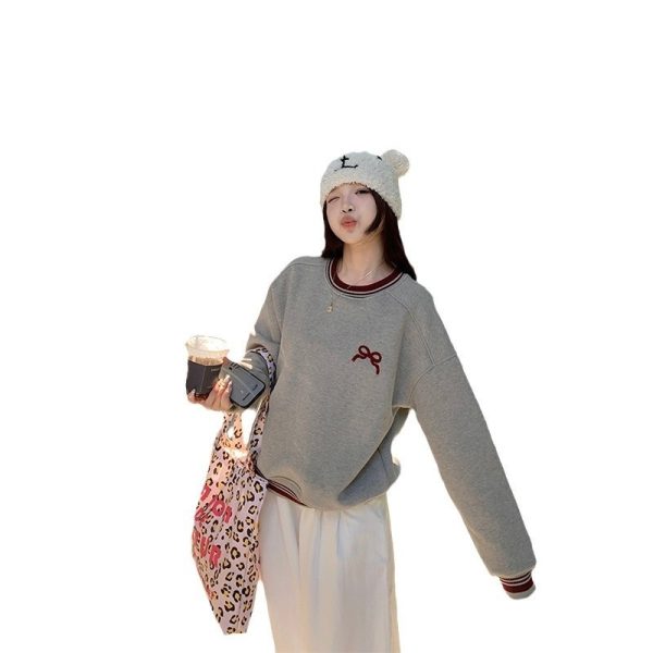 Korean Style Fleece-lined Embroidered Bow Round Neck Sweater For Women - Image 5