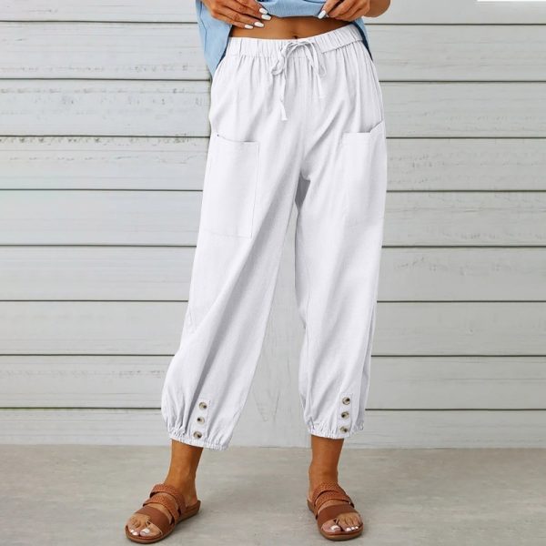 Loose High Waist Button Cotton And Linen Trousers Cropped Pants Wide Leg Women's Pants - Image 6