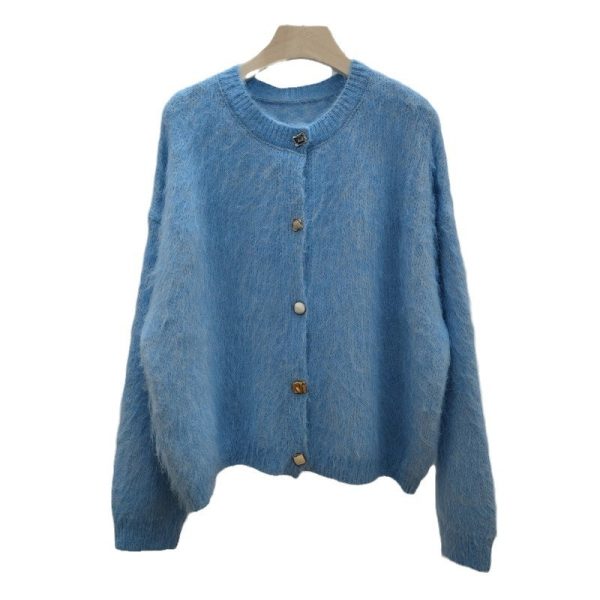 Round Neck Soft Sticky Mohair Knitted Cardigan Women's Long Sleeve Sweater Coat - Image 5