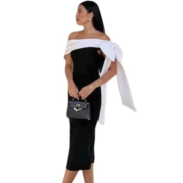 Women's Off-shoulder Bow Black And White Color Matching Elegant Cocktail Dress - Image 5