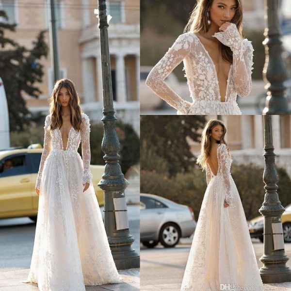 Women's Wedding Dress Lace Long Sleeve Dinner Party Gown