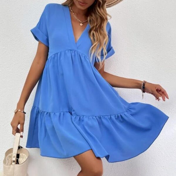 Sweet V-neck Solid Color Wide Hem Leisure Skirt Dress - Image 2