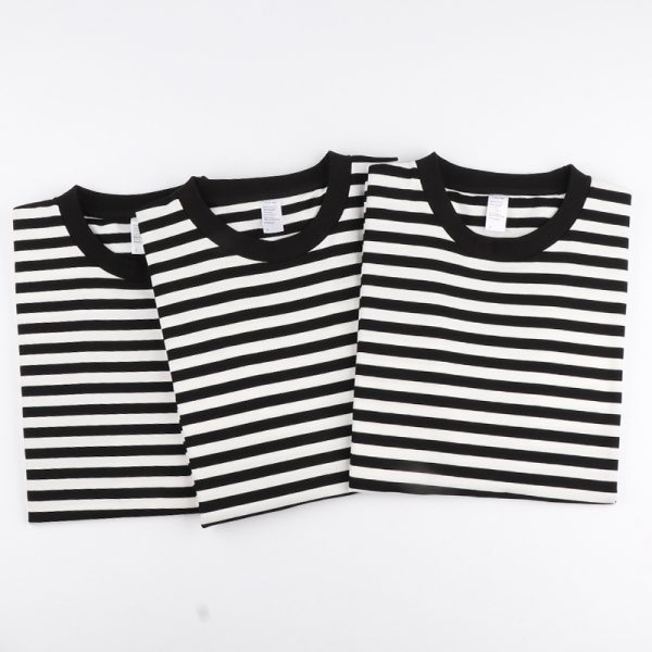 Striped Short Sleeve Simple Men's Versatile T-shirt Loose Top Half Sleeve Slim Striped Navy Skirt - Image 3