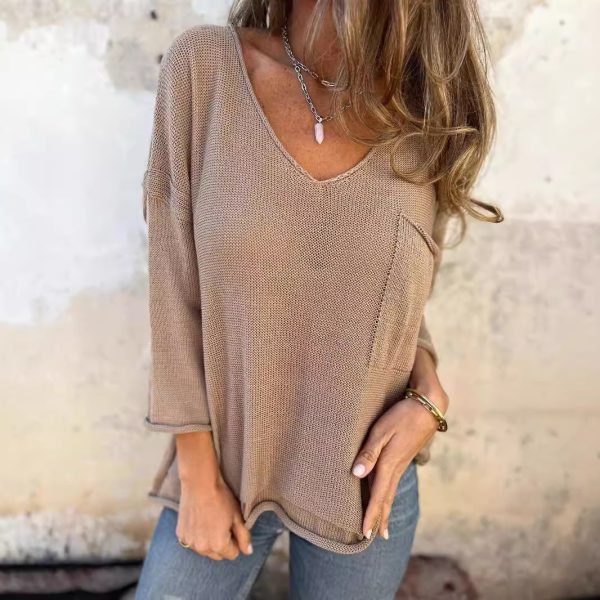 V-neck Long Sleeve Pocket Casual Knitted Sweater Top - Image 2