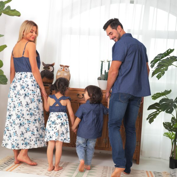 Family Matching Family Denim Sling Skirt Baby Girl Mom Dad Boy Boy Shirt Parent-Child - Image 2