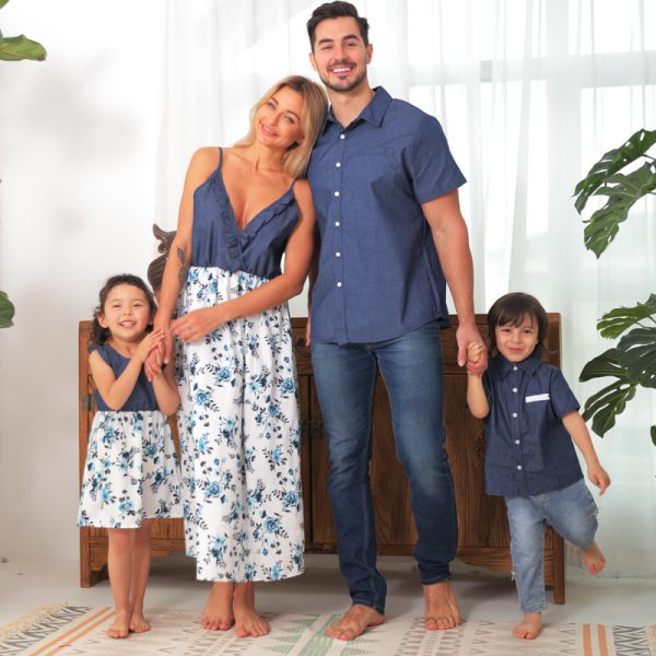 Family Matching Family Denim Sling Skirt Baby Girl Mom Dad Boy Boy Shirt Parent-Child - Image 5