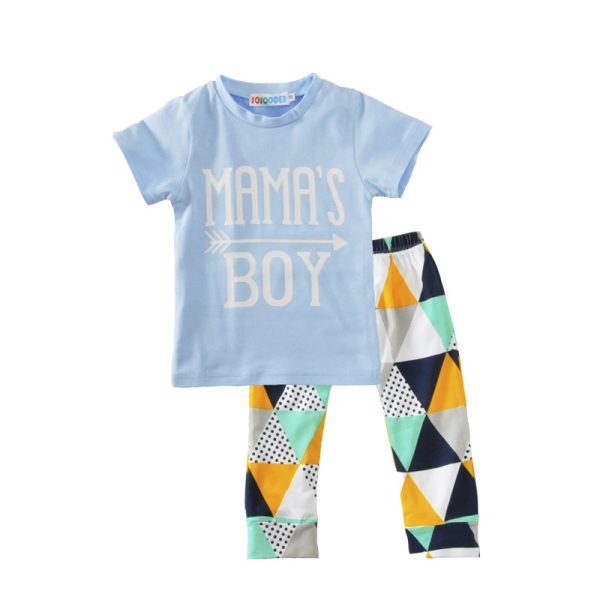 Children's Clothing Boy Suit Short-Sleeved T-Shirt Blue Letter Arrow Geometric Pants Baby Two-Piece Suit - Image 2