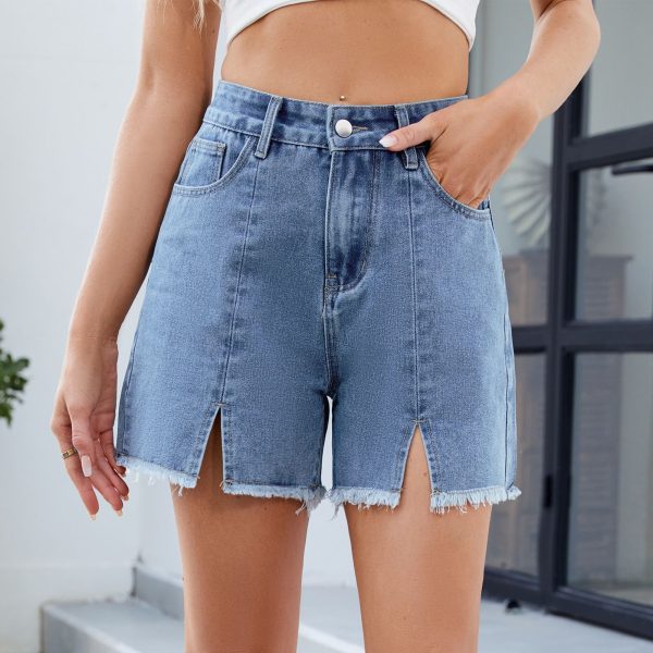 Women's Washed Denim Shorts Frayed Hem Split Hot Pants - Image 6