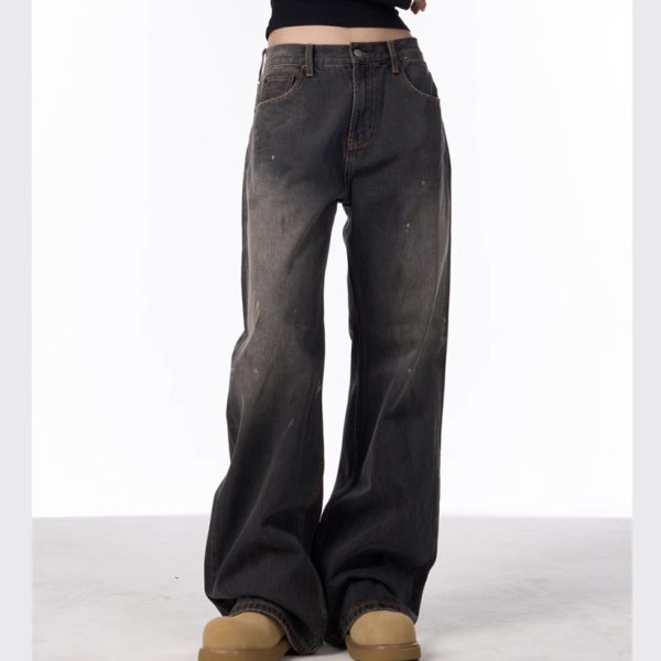 Retro Washed Splash-ink Straight Jeans For Women Loose Straight Trousers - Image 2