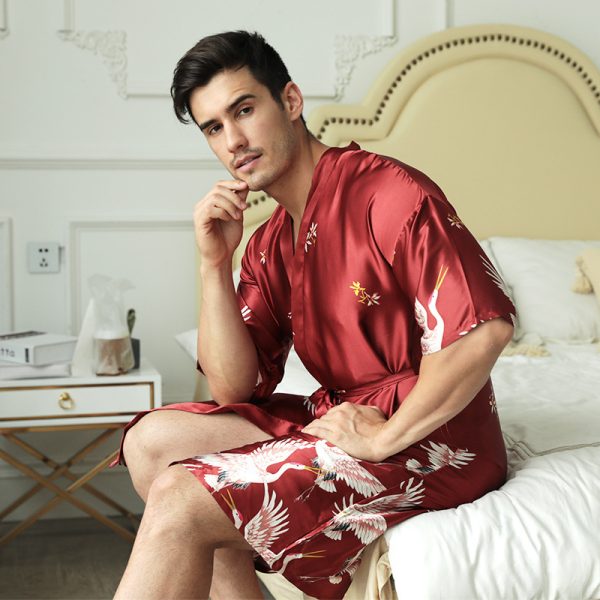 Mid-length Printed Artificial Silk Nightgown Men's Groom Best Man Morning Gowns Sexy Pajamas - Image 7