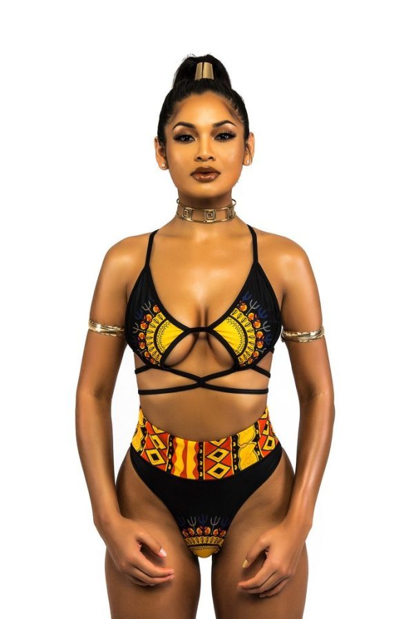 African Print Two-Pieces Bath Suits Bikini Set Sexy Geometric Swimwear Swimsuit Golden High Waist Swimming Suit - Image 2