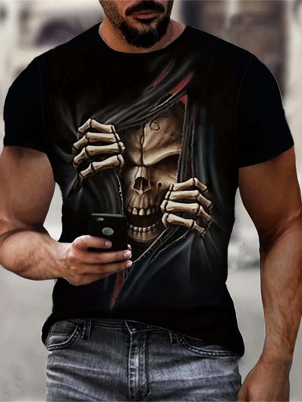 Men's 3D Skull Printed T-shirt - Casual Short Sleeve, Summer Outdoor, Stretch Polyester Blended, Machine Washable