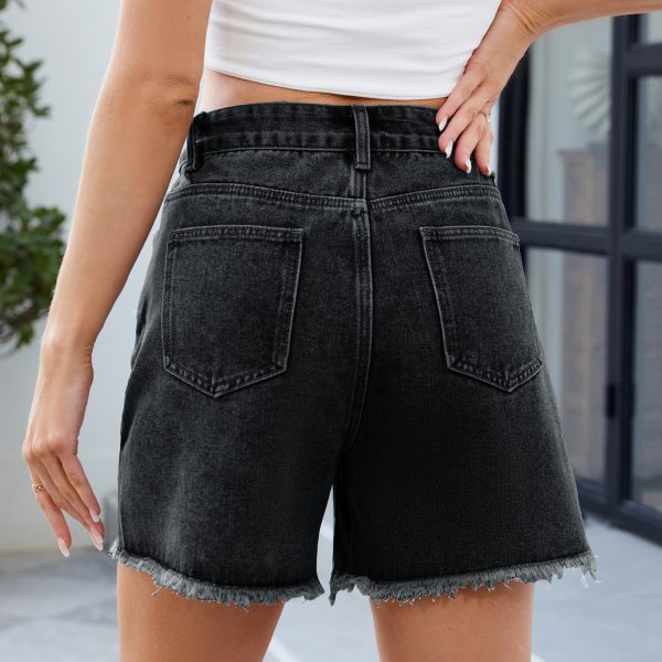 Women's Washed Denim Shorts Frayed Hem Split Hot Pants - Image 5