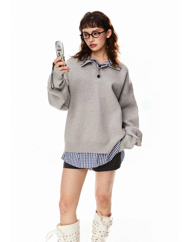 False Two-piece Patchwork Polo Collar Sweater Women's Loose Sweater - Image 4