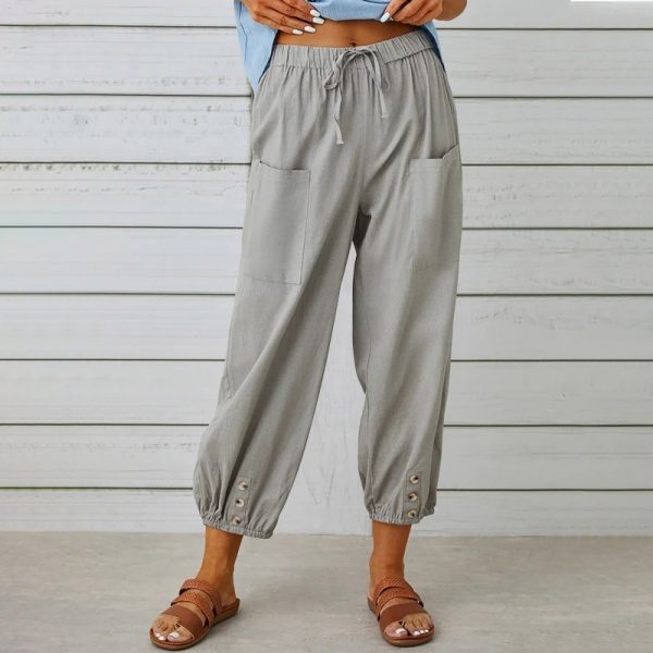 Loose High Waist Button Cotton And Linen Trousers Cropped Pants Wide Leg Women's Pants - Image 7