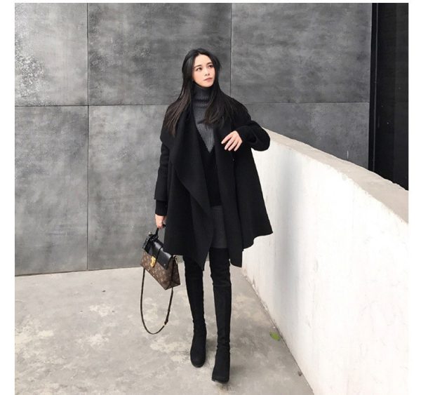 Black Medium Long Irregular Loose Cloak Woolen Coat - Image 5