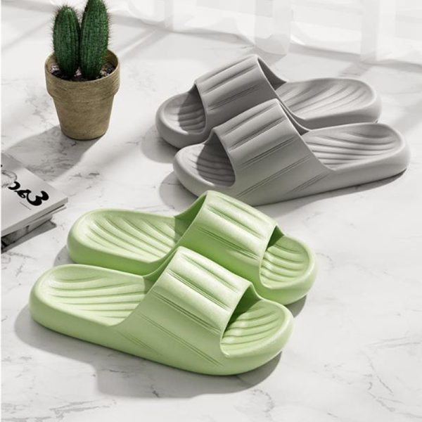 Fashion Solid Color Striped Home Slippers Summer Thick Bottom Non-slip Bathroom Slipper Women Men Couples Shoes - Image 2