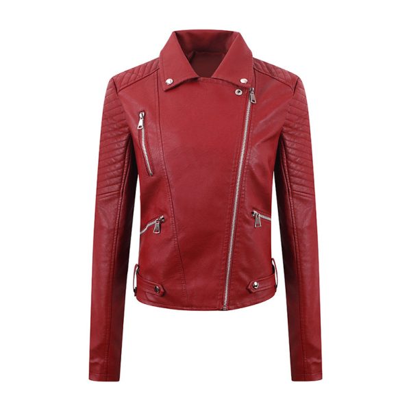 PU Women's Short Leather Oblique Pull Slim Motorcycle Clothing Washed Leather Jacket - Image 5