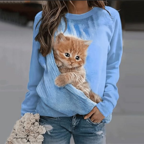 Loose Cat 3D Digital Printing Long Sleeve Crew Neck Sweater Women - Image 3