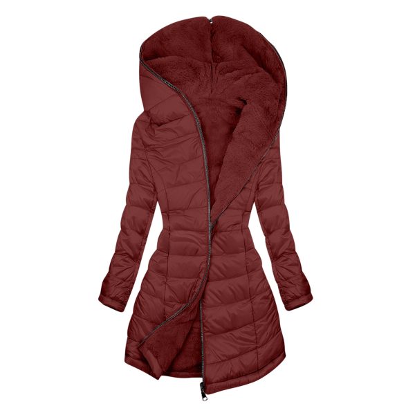 European And American Zipper Outer Wear Hooded Warm Fleece-lined Mid-length Winter Women's Coat - Image 6