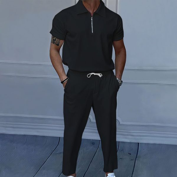 Men's Clothing Solid Color Polo Collar Short Sleeve Trousers Suit - Image 4