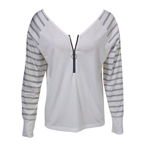 Ladies' Fashionable Leisure Vacation Half Zipper Sleeve Striped Design T-shirt Top - Image 3