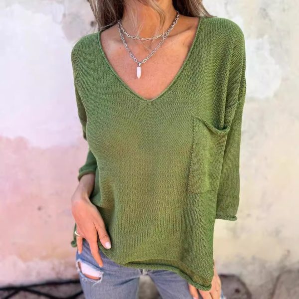 V-neck Long Sleeve Pocket Casual Knitted Sweater Top - Image 4