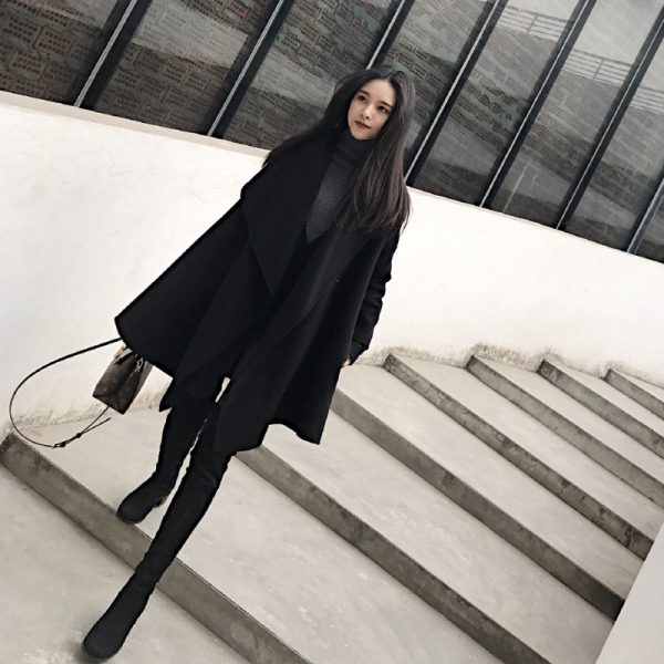 Black Medium Long Irregular Loose Cloak Woolen Coat - Image 6