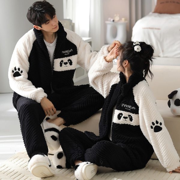 Flannel Couple Pajamas Men's Autumn And Winter Thickened Keep Warm New Zipper Cardigan Cute Coral Fleece Homewear - Image 9